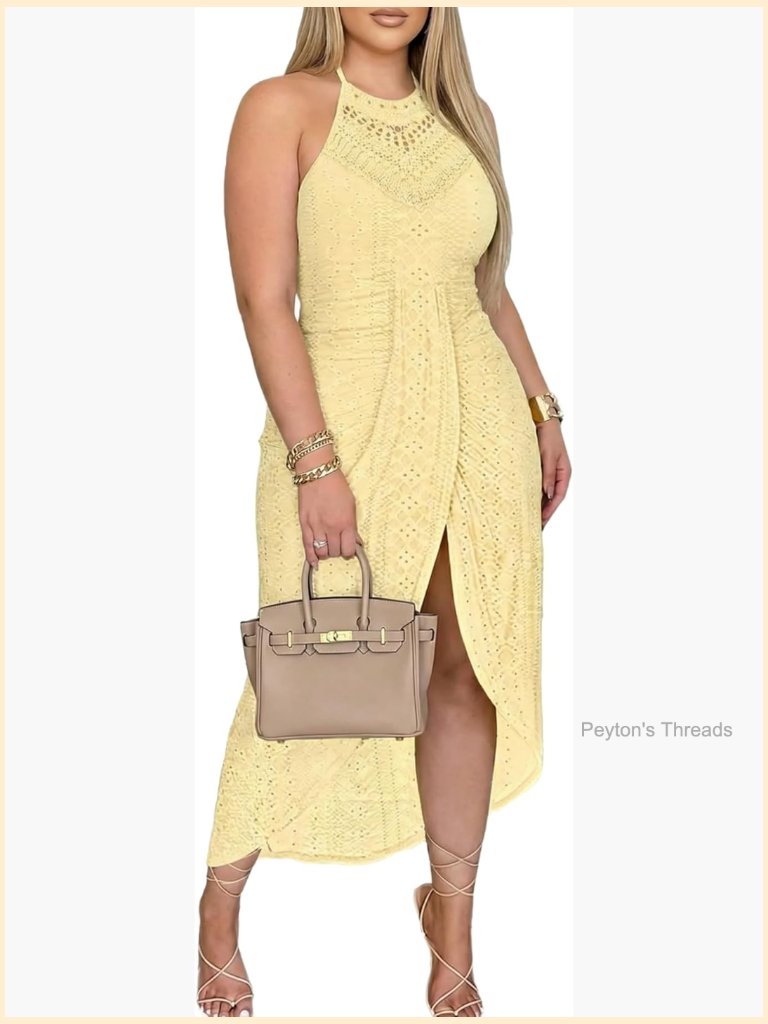 Plus Size Halter Neck Eye Embroidered Maxi Dress Sleeveless Tie Front